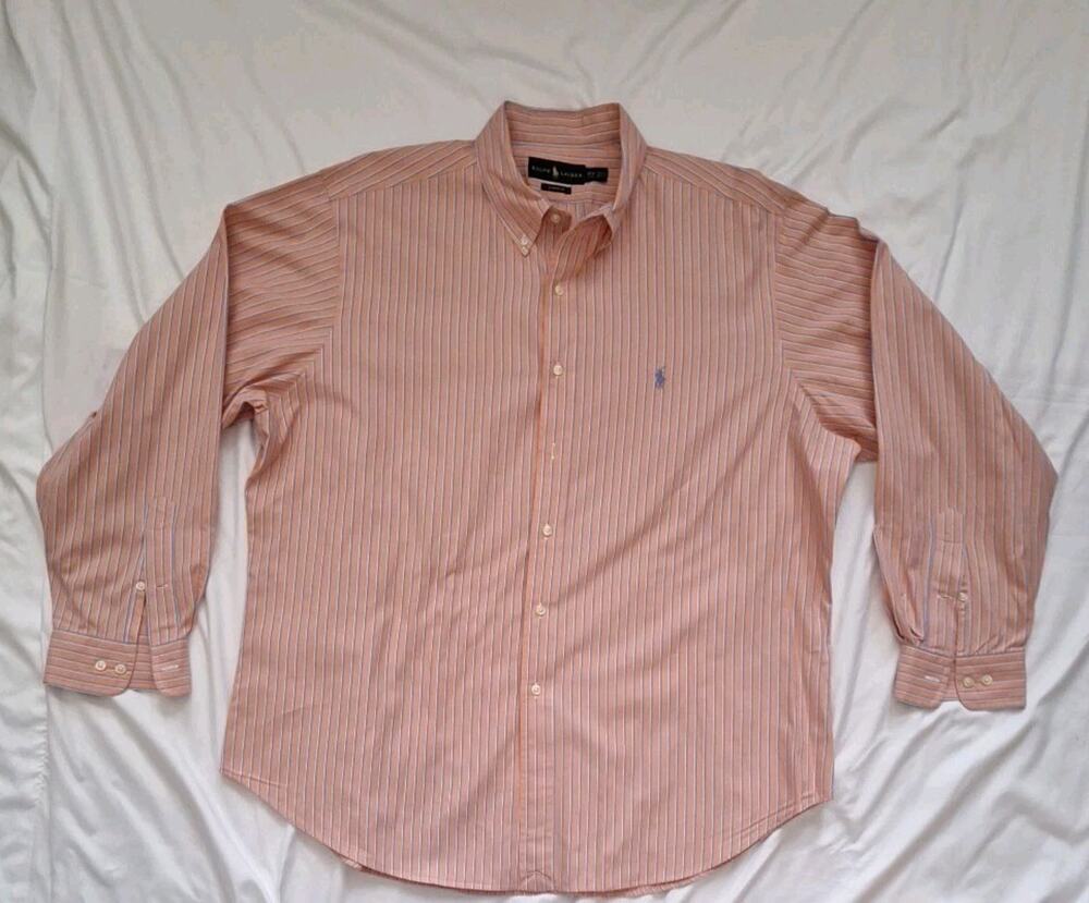 Ralph Lauren Shirt Mens 17 1/2 34/35 Button Down Coral And Blue Stripe Oxford